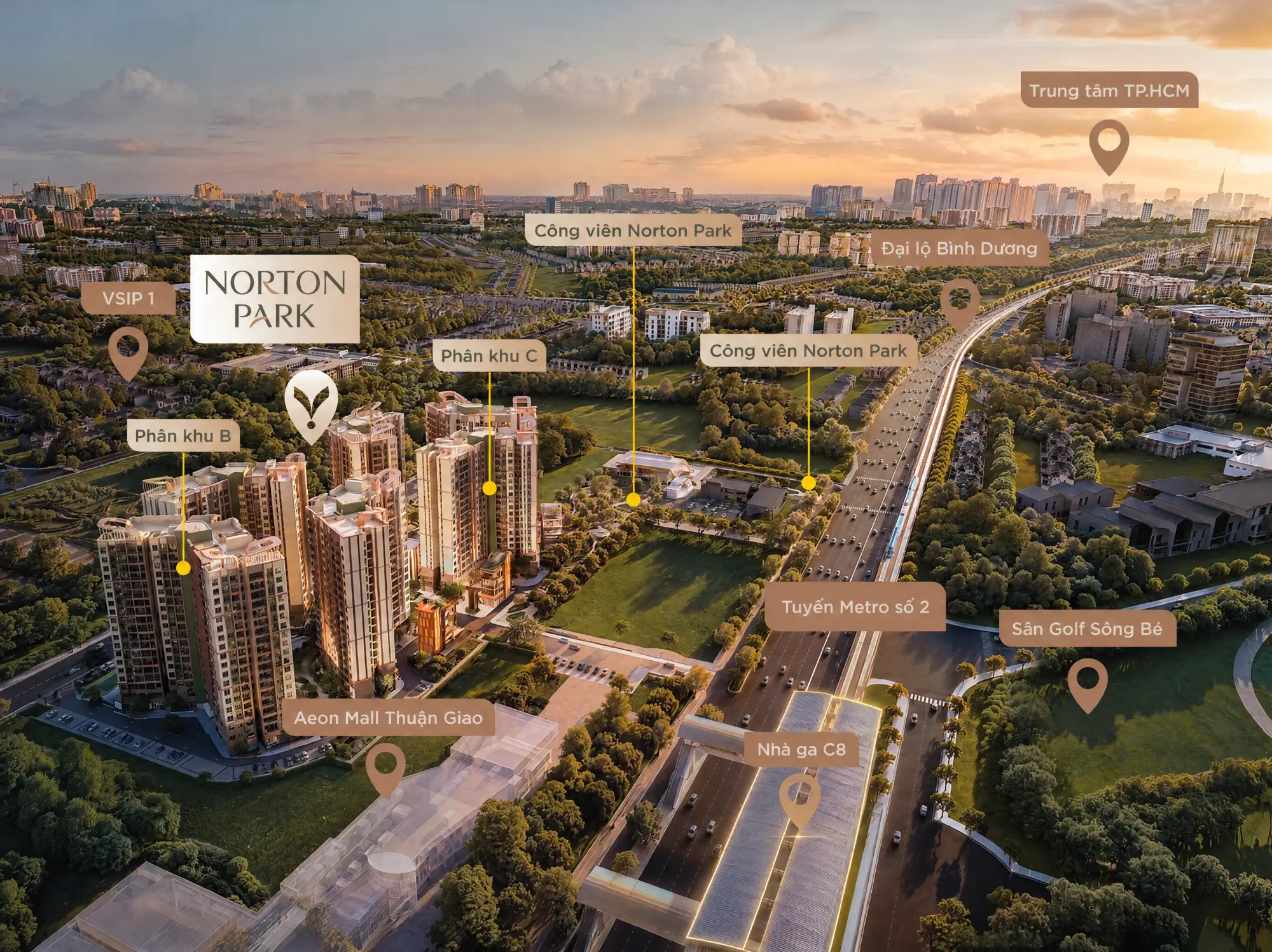 Phối cảnh Norton Park trong tổng thể khu vực: VSIP 1, AEON Mall Thuận Giao, Metro số 2, Nhà ga C8, Sân Golf Sông Bé