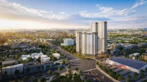 Toàn cảnh dự án căn hộ Green Skyline mặt tiền Quốc lộ 1K Dĩ An Bình Dương, đối diện GO! Dĩ An, phối cảnh hoàng hôn.