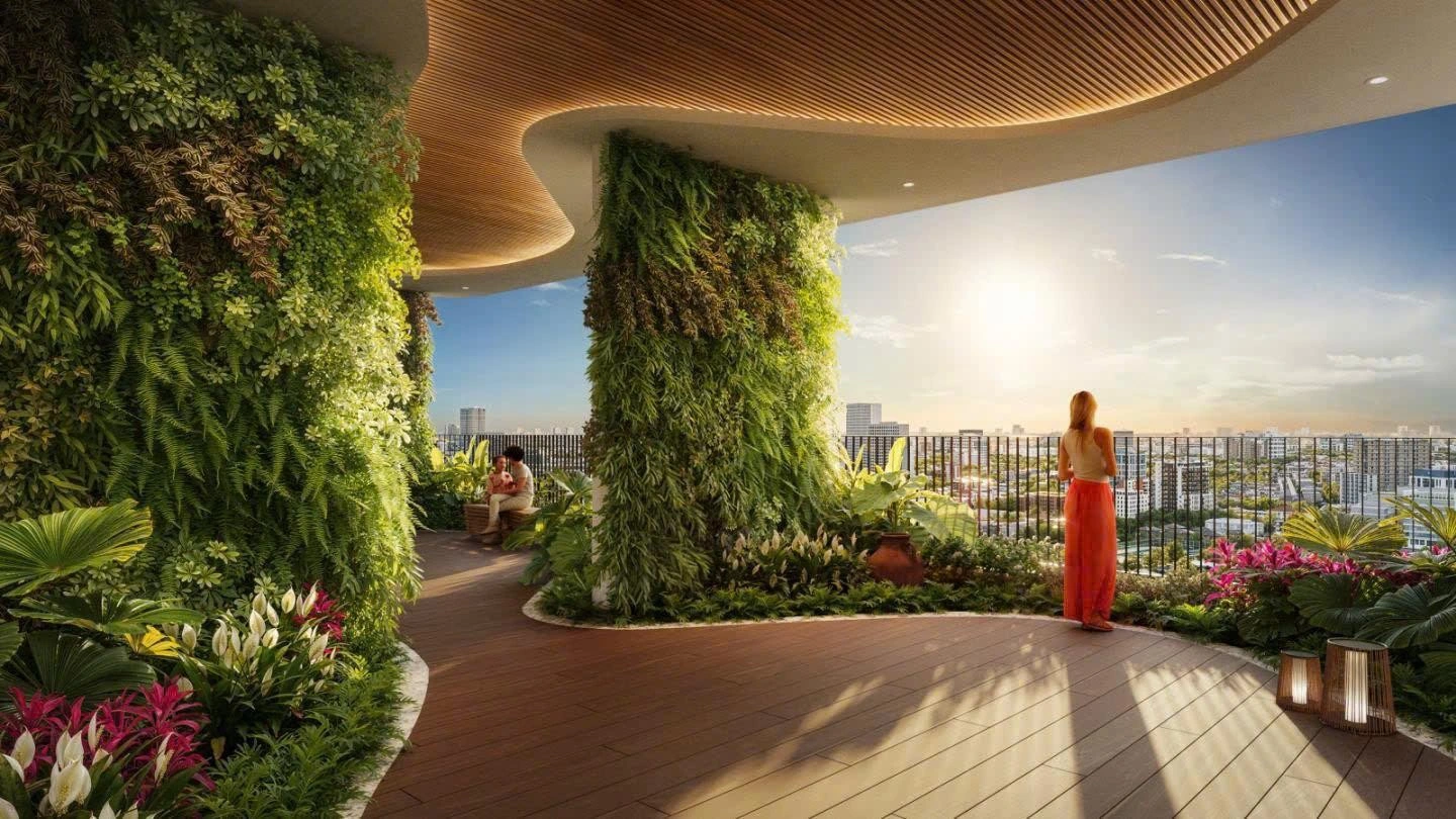 Không gian Sky Garden xanh mát tại tầng cao dự án Green Skyline, thiết kế vườn treo và khu thư giãn ngắm cảnh thành phố Dĩ An lúc hoàng hôn.
