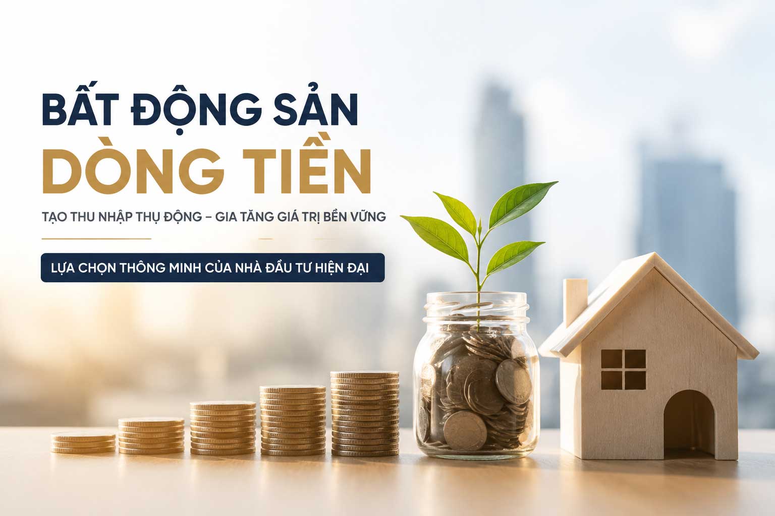 Có Nên Đầu Tư Căn Hộ Green Skyline Dĩ An? 2 Hình concept về bất động sản dòng tiền: tay người thả đồng tiền vào mô hình nhà, biểu tượng cho đầu tư vào bất động sản tạo nguồn thu nhập thụ động và gia tăng giá trị tài sản theo thời gian.