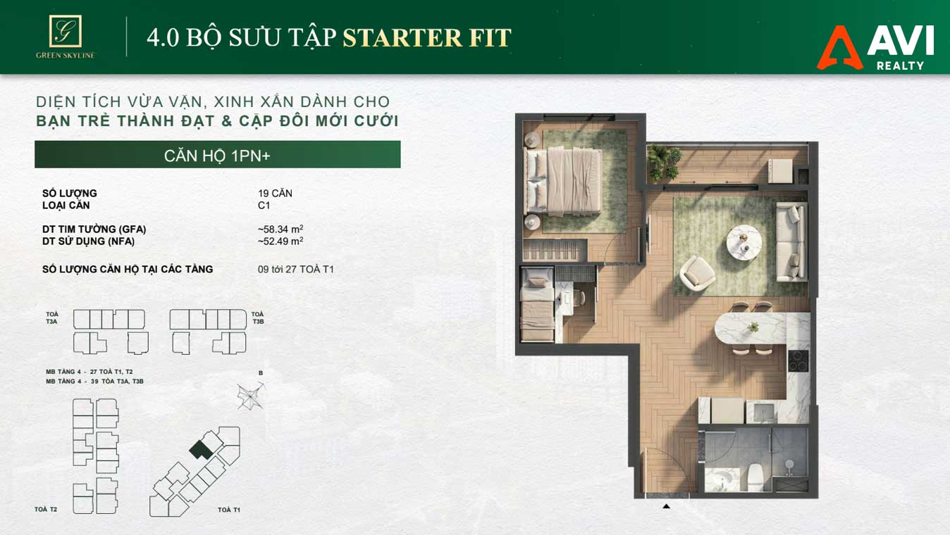 Mặt Bằng Căn Hộ Green Skyline: Triết Lý "May Đo Từng Nhịp Sống" Trong Từng Thiết Kế 1PN, 2PN Và 3PN 4 Starter Kit 1PN+ Loại 2