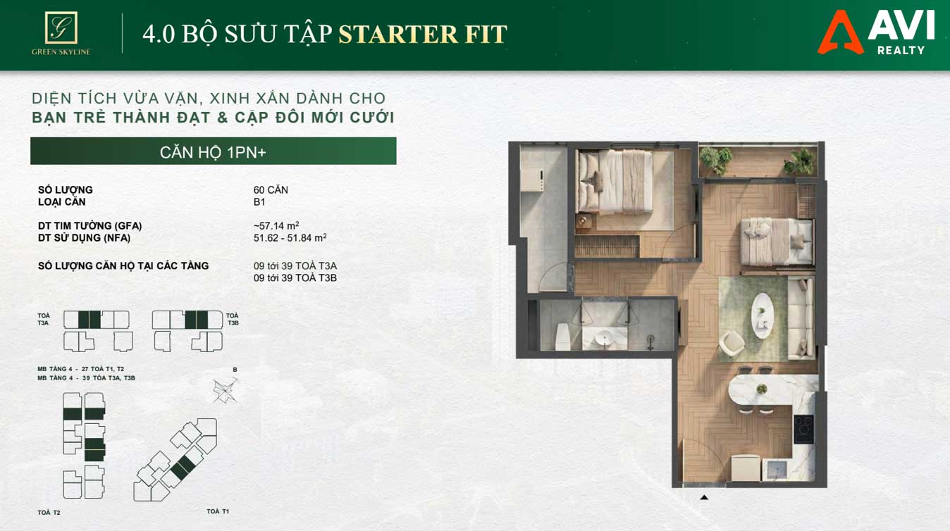 Mặt Bằng Căn Hộ Green Skyline: Triết Lý "May Đo Từng Nhịp Sống" Trong Từng Thiết Kế 1PN, 2PN Và 3PN 5 Green Skyline Starter Kit 1PN+ Loại 3