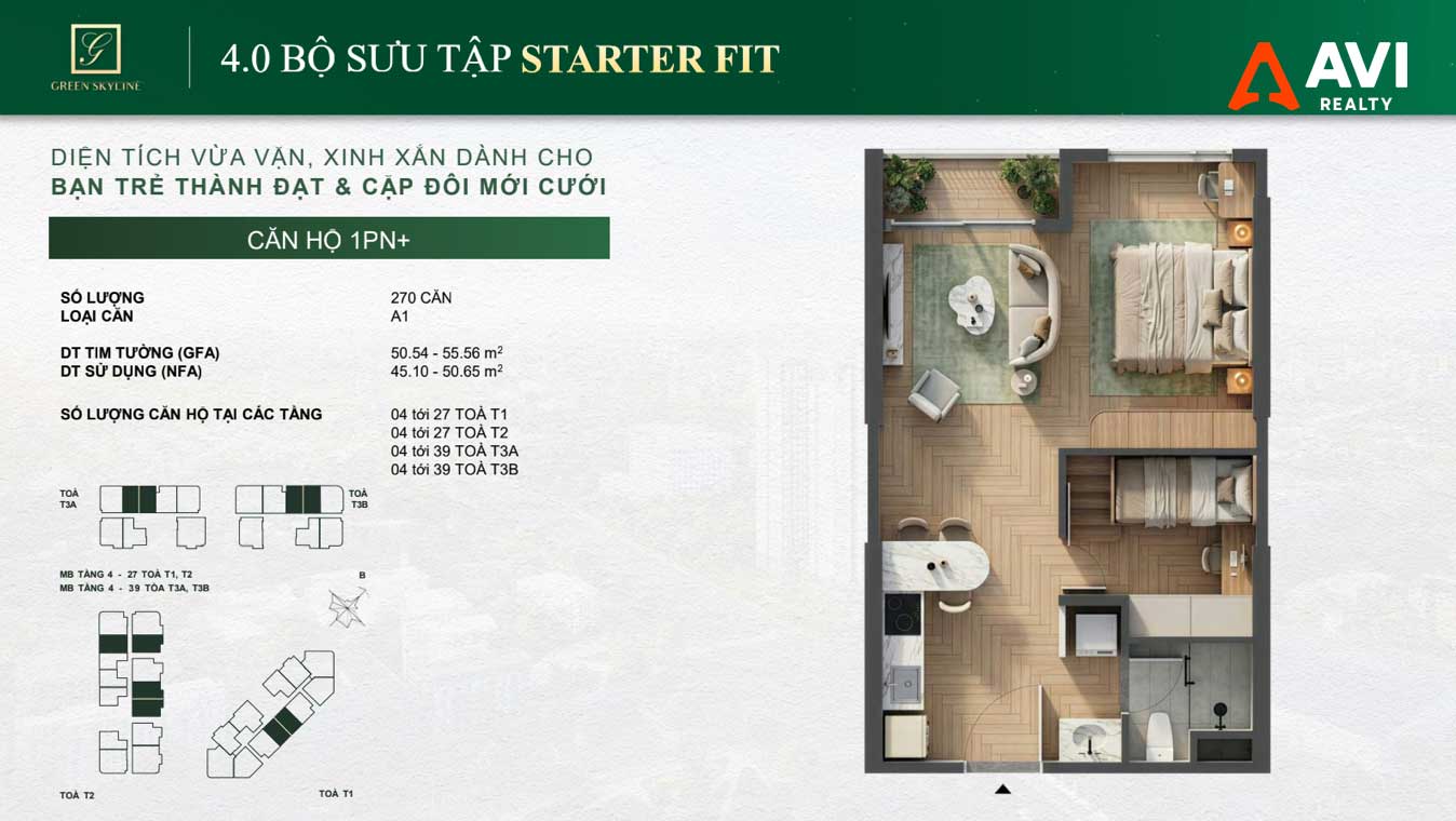 Mặt Bằng Căn Hộ Green Skyline: Triết Lý "May Đo Từng Nhịp Sống" Trong Từng Thiết Kế 1PN, 2PN Và 3PN 6 Green Skyline Starter Kit 1PN+ Loại 4