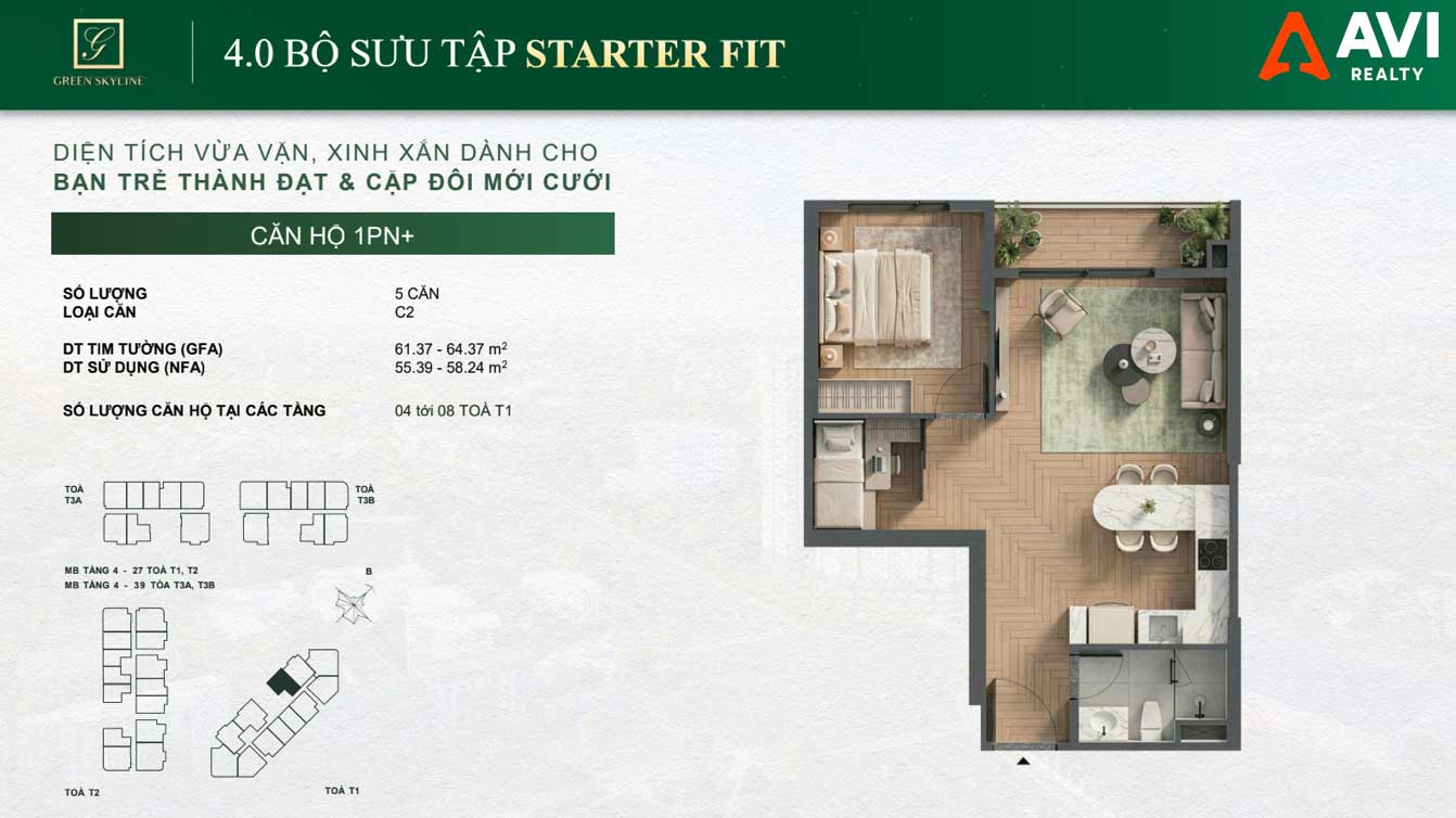 Mặt Bằng Căn Hộ Green Skyline: Triết Lý "May Đo Từng Nhịp Sống" Trong Từng Thiết Kế 1PN, 2PN Và 3PN 3 Green Skyline Starter Kit 1PN+ Loại 1