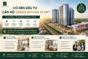 Banner giới thiệu dự án Green Skyline Dĩ An, nhấn mạnh vị trí kết nối trục Phạm Văn Đồng, sân bay, Gigamall, Ngã tư Hàng Xanh, chợ Thủ Đức, 3 nhóm khách hàng mục tiêu (mua ở, đầu tư cho thuê, mua cho con học), tiện ích đầy đủ, dự án duy nhất trong khu đô thị hình thành sẵn, bàn giao trong 12 tháng.